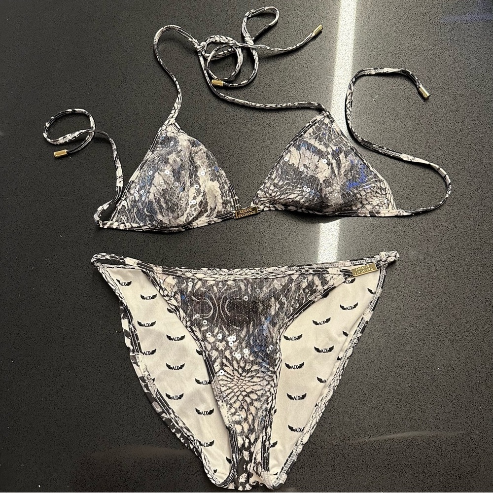 Armani Exchange AX gray silver sequin snake print bikini set, S
